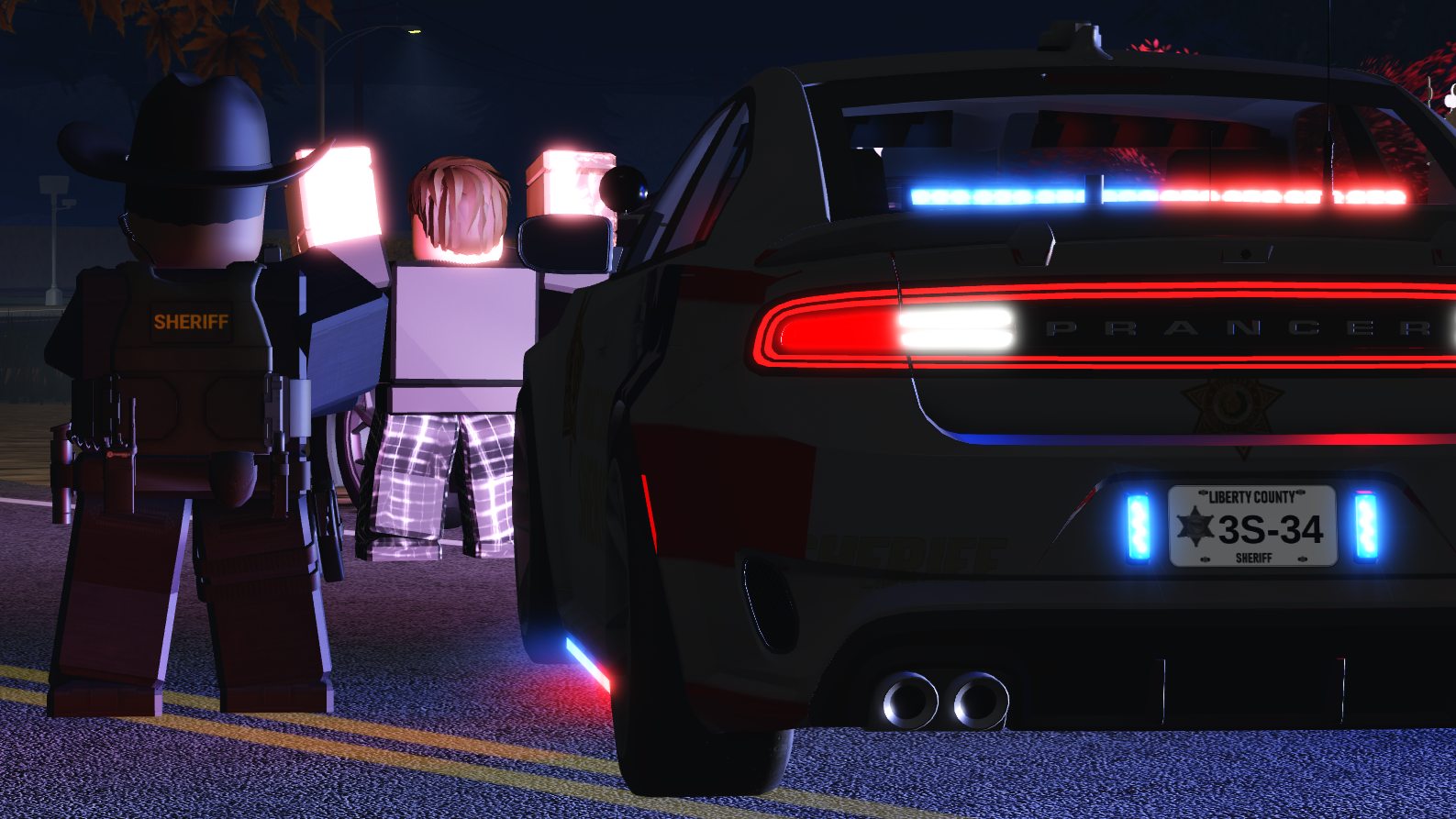 A sheriff’s deputy at a traffic stop at night, the driver standing with hands raised beside the patrol car